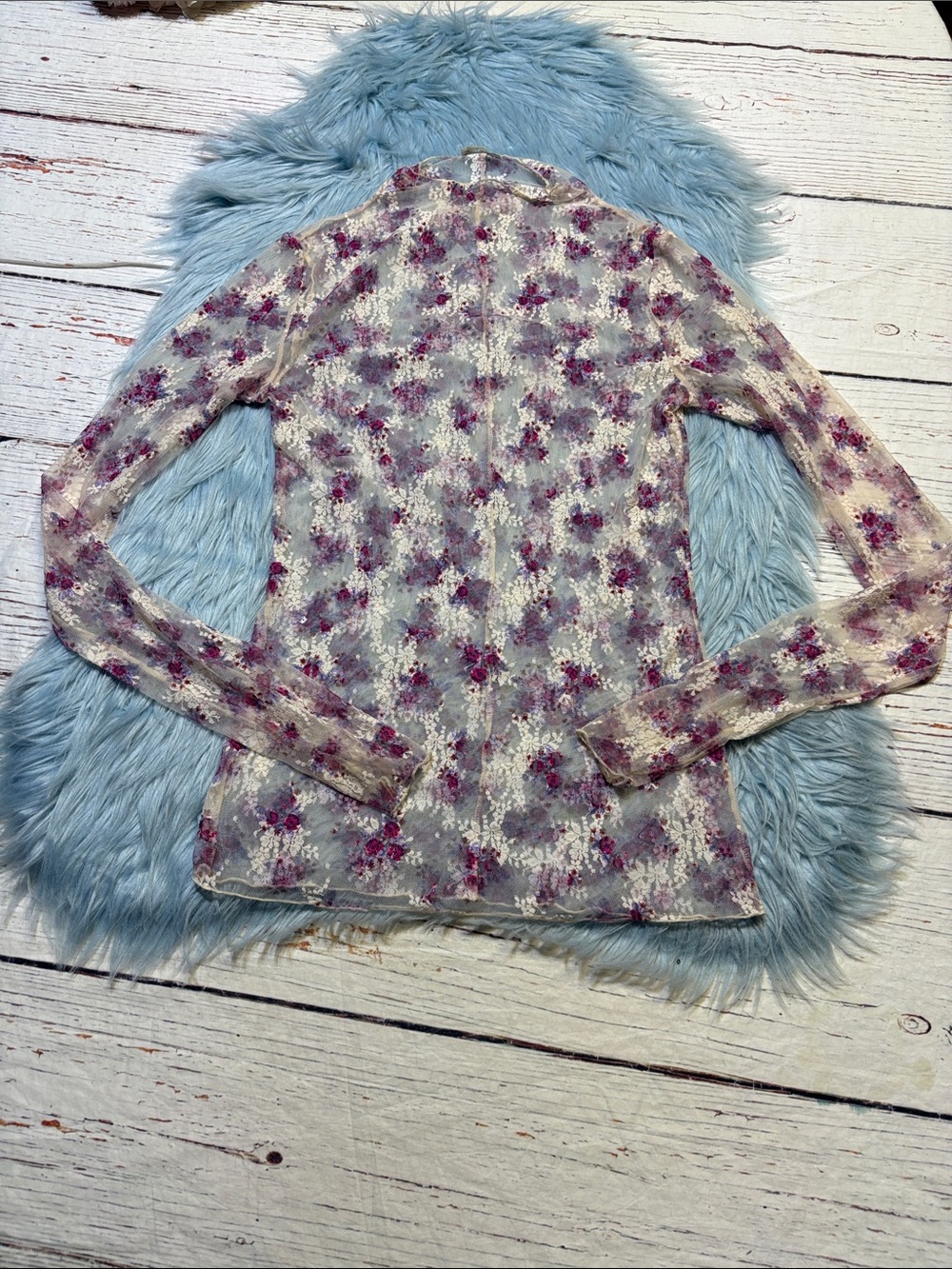 Free People Lady Lux Multicolor Floral Sheer Mesh Long Sleeve Top sz L
